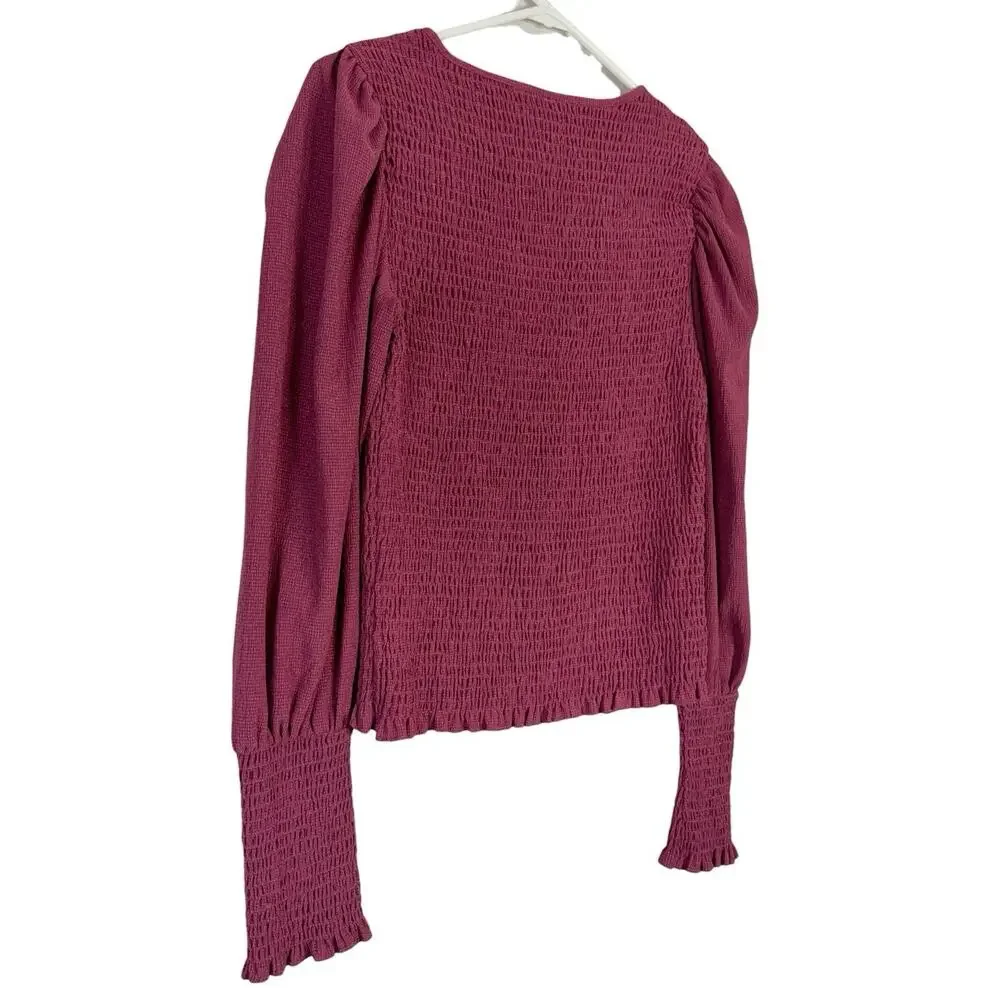 Anthropologie Smocked Stretch Burgundy Boho Peasant Blouse Women's Size Medium